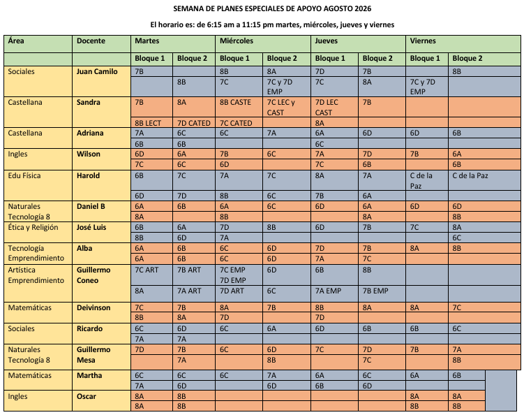 Horarios semana de apoyo